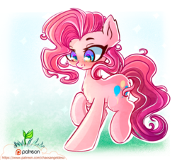 Size: 1100x994 | Tagged: safe, artist:chaosangeldesu, pinkie pie, earth pony, pony, g4, alternate hairstyle, cheek fluff, chest fluff, cute, diapinkes, ear fluff, female, freckles, leg fluff, looking at something, mare, patreon, patreon logo, plant, solo, sprout