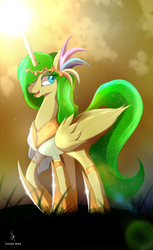 Size: 2169x3535 | Tagged: safe, artist:zidanemina, oc, oc only, alicorn, pony, alicorn oc, armor, female, hair over one eye, high res, mare, smiling, solo