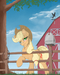 Size: 2000x2500 | Tagged: safe, artist:skitsroom, applejack, earth pony, pony, g4, .psd available, applejack's hat, barn, cowboy hat, female, fence, grass, hat, high res, looking at you, mailbox, mare, outdoors, smiling, solo, tree