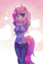 Size: 1041x1530 | Tagged: safe, artist:freedomthai, oc, oc only, oc:star myst, unicorn, anthro, anthro oc, blushing, clothes, female, hoodie, jeans, looking at you, mare, not cadance, pants, solo, stretching