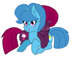 Size: 1355x1080 | Tagged: safe, artist:徐詩珮, fizzlepop berrytwist, spring rain, tempest shadow, pony, unicorn, g4, base used, broken horn, female, horn, lesbian, mare, ship:springshadow, shipping, simple background, sleeping, transparent background