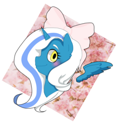 Size: 867x921 | Tagged: safe, artist:natsumicat, oc, oc:fleurbelle, alicorn, pony, adorabelle, alicorn oc, blushing, bow, cute, female, hair bow, happy, looking at you, looking back, looking back at you, mare, ocbetes, sweet
