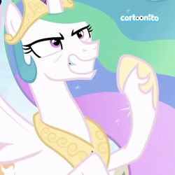 Size: 713x713 | Tagged: safe, edit, screencap, princess celestia, pony, between dark and dawn, g4, cartoonito logo, cropped, determined, epic, evil smile, faic, grin, raised hoof, smiling, watermark
