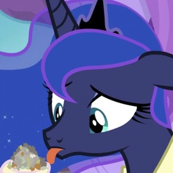Size: 658x658 | Tagged: safe, screencap, princess luna, alicorn, pony, between dark and dawn, g4, :p, clothes, cropped, cute, eyeshadow, faic, female, floppy ears, food, licking, lunabetes, makeup, mare, offscreen character, snacks, solo focus, tongue out