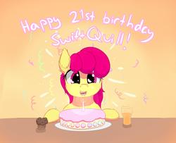 Size: 4000x3241 | Tagged: safe, artist:solarbutt, oc, oc only, earth pony, pony, birthday, cake, candle, female, food, happy birthday, mare, muffin, streamers, text