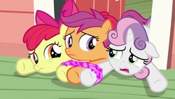 Size: 1920x1080 | Tagged: safe, screencap, apple bloom, scootaloo, sweetie belle, earth pony, pegasus, pony, unicorn, g4, the last crusade, cutie mark crusaders, female, filly, prone, stuck together, tied up