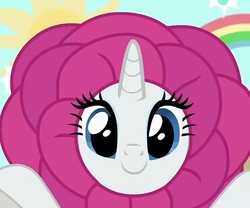 Size: 866x720 | Tagged: safe, screencap, rarity, pony, unicorn, forever filly, g4, clothes, cosplay, costume, cropped, cute, female, flower, flower costume, flowerity, happy, looking at you, mare, rainbow, raribetes, smiling, solo, sun