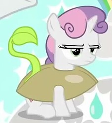 Size: 375x413 | Tagged: safe, screencap, sweetie belle, pony, forever filly, g4, annoyed, clothes, cosplay, costume, cropped, cute, seedie belle, seeds, solo focus