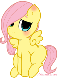 Size: 773x1033 | Tagged: safe, artist:hakumeikitsune, fluttershy, pegasus, pony, g4, blank flank, blushing, female, filly, filly fluttershy, hair over one eye, looking at you, simple background, sitting, solo, spread wings, three quarter view, transparent background, wings, younger