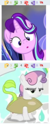 Size: 214x531 | Tagged: safe, screencap, starlight glimmer, sweetie belle, derpibooru, g4, annoyed, clothes, cosplay, costume, juxtaposition, meta, seeds