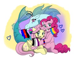 Size: 1024x768 | Tagged: safe, artist:fallenangel5414, fluttershy, pinkie pie, sonata dusk, earth pony, pegasus, pony, siren, g4, abstract background, alternate hairstyle, asexual, asexual pride flag, bracelet, braid, face paint, female, heart, interspecies, jewelry, lesbian, looking at you, mare, mouth hold, pansexual, pansexual pride flag, polyamory, polyamory pride flag, polysexual, pride, pride flag, ship:flutterpie, ship:pinata, ship:sonashy, shipping, smiling, sonashypie