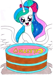Size: 2475x3485 | Tagged: safe, artist:killerteddybear94, princess celestia, alicorn, pony, g4, bow, cake, cakelestia, celestia day, cute, cutelestia, daaaaaaaaaaaw, female, food, hair bow, high res, looking at you, mare, open mouth, plate, ponytail, smiling, solo, spread wings, traditional art, wings
