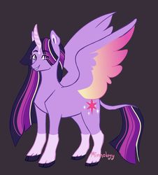 Size: 1280x1418 | Tagged: safe, artist:minnobyy, twilight sparkle, alicorn, pony, g4, cloven hooves, coat markings, colored wings, curved horn, eye clipping through hair, facial markings, female, gradient wings, horn, leonine tail, long mane, mare, older, rainbow power, simple background, smiling, socks (coat markings), solo, star (coat marking), twilight sparkle (alicorn), wings