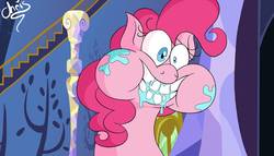 Size: 1182x676 | Tagged: safe, artist:chrissie-boo, pinkie pie, earth pony, pony, every little thing she does, g4, bust, faic, female, mare, messy eating, portrait, puffy cheeks, scene interpretation, solo, teeth
