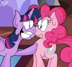 Size: 927x862 | Tagged: safe, artist:chrissie-boo, pinkie pie, twilight sparkle, alicorn, earth pony, pony, g4, party pooped, crazy face, duo, eyebrows, eyebrows visible through hair, faic, female, frown, looking at each other, mare, scene interpretation, twilight sparkle (alicorn), twilighting