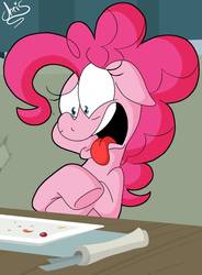 Size: 767x1042 | Tagged: safe, artist:chrissie-boo, pinkie pie, earth pony, pony, g4, spice up your life, crumbs, disgusted, eye clipping through hair, faic, female, floppy ears, mare, plate, scene interpretation, solo, tongue out