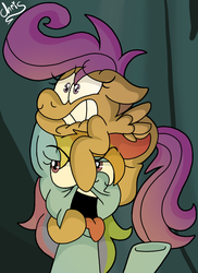 Size: 688x946 | Tagged: safe, artist:chrissie-boo, rainbow dash, scootaloo, pegasus, pony, campfire tales, g4, duo, ears back, eyebrows, eyebrows visible through hair, female, filly, mare, open mouth, scared, scene interpretation, tongue out
