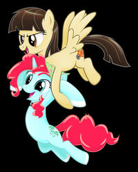 Size: 554x694 | Tagged: safe, snowdrop (g4), wild fire, oc, pegasus, pony, unicorn, g4, carrying, cute, female, flying, holding a pony, sibsy, smiling