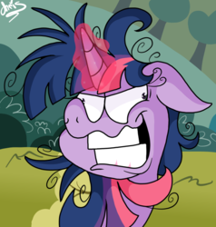 Size: 662x694 | Tagged: safe, artist:chrissie-boo, twilight sparkle, pony, unicorn, g4, lesson zero, crazy face, derp, faic, female, floppy ears, glowing horn, gritted teeth, horn, mare, messy hair, scene interpretation, slasher smile, solo, twilight snapple, unicorn twilight