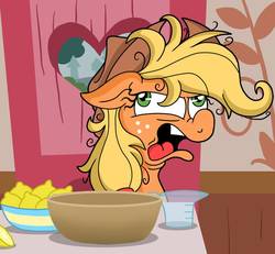 Size: 929x860 | Tagged: dead source, safe, artist:chrissie-boo, applejack, earth pony, pony, applebuck season, g4, bowl, bust, derp, faic, female, floppy ears, food, lemon, mare, messy hair, scene interpretation, solo, sugarcube corner