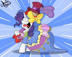 Size: 1007x794 | Tagged: safe, artist:chrissie-boo, rarity, pony, fame and misfortune, g4, abstract background, clothes, crazy face, derp, dress, faic, female, hat, mare, messy hair, raised hoof, scarf, scene interpretation, solo, stress couture, tongue out