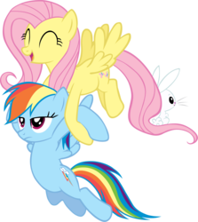 Size: 5129x5762 | Tagged: safe, artist:scrimpeh, angel bunny, fluttershy, rainbow dash, pegasus, pony, g4, may the best pet win, absurd resolution, angel riding fluttershy, carrying, cute, female, flying, holding a pony, rabbits riding ponies, riding, smiling, unamused