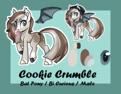 Size: 1440x1124 | Tagged: safe, artist:pastel-pony-princess, oc, oc only, oc:cookie crumble, bat pony, changeling, pony, abstract background, bat pony oc, bat wings, bubblegum, butt, changeling oc, clothes, coat markings, colored hooves, dock, ear fluff, food, gum, male, plot, raised hoof, raised leg, reference sheet, scarf, solo, stallion, underhoof, wings