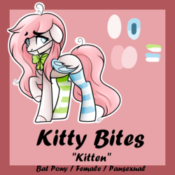Size: 1000x1000 | Tagged: safe, artist:pastel-pony-princess, oc, oc only, oc:kitty bites "kitten", bat pony, pony, abstract background, bat pony oc, bat wings, clothes, female, floppy ears, mare, messy hair, raised hoof, reference sheet, shy, socks, solo, striped socks, thigh highs, wings