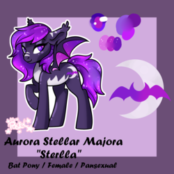 Size: 1000x1000 | Tagged: safe, artist:pastel-pony-princess, oc, oc only, oc:aurora stellar majora "stella", bat pony, pony, abstract background, bat pony oc, bat wings, ear fluff, ethereal mane, female, mare, raised hoof, reference sheet, solo, spread wings, standing, starry mane, starry wings, wings
