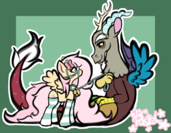 Size: 4000x3108 | Tagged: safe, artist:pastel-pony-princess, discord, fluttershy, butterfly, draconequus, pegasus, pony, g4, alternate design, bell, bell collar, bridle, cat bell, clothes, collar, domcord, female, femsub, flutterpet, fluttersub, hairclip, leash, male, maledom, pet tag, ship:discoshy, shipping, socks, spread wings, stockings, straight, striped socks, submissive, tack, thigh highs, wings