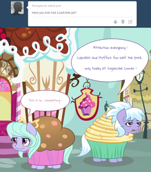 Size: 750x856 | Tagged: safe, artist:marikaefer, cloudchaser, flitter, pony, ask flitter and cloudchaser, g4, cake costume, clothes, costume, cupcake, cupcake costume, embarrassed, food, food costume, muffin, muffin costume, sugarcube corner