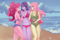 Size: 3000x2000 | Tagged: safe, artist:xjenn9, fluttershy, pinkie pie, twilight sparkle, equestria girls, g4, absolute cleavage, beach, belly button, bikini, breasts, busty fluttershy, busty pinkie pie, busty twilight sparkle, cleavage, clothes, female, food, high res, ice cream, lesbian, ocean, one-piece swimsuit, polyamory, ship:twishypie, shipping, smiling, swimsuit