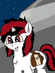 Size: 1440x1920 | Tagged: safe, artist:scotch, oc, oc:blackjack, pony, unicorn, fallout equestria, fallout equestria: project horizons, fanfic art, freckles, glowing eyes, night, saddle bag, simple background, stars
