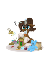 Size: 1024x1366 | Tagged: safe, artist:zsnowfilez, oc, oc only, oc:chocolate forstheart, pony, unicorn, female, filly, glue, magic, mouth hold, scissors, simple background, solo, teddy bear, transparent background