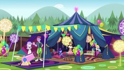 Size: 1280x720 | Tagged: safe, screencap, duke suave, hunter hedge, laurel jade, sandy cerise, snow flower, space camp, equestria girls, equestria girls series, festival filters, g4, spoiler:eqg series (season 2), background human, balloon, female, male, party cannon
