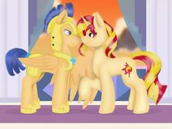 Size: 900x675 | Tagged: safe, artist:greenfire-exe, flash sentry, sunset shimmer, pony, unicorn, g4, female, male, ship:flashimmer, shipping, straight