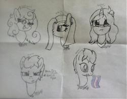 Size: 1024x798 | Tagged: safe, artist:pure-blue-heart, oc, oc only, oc:apple berry, oc:jasper (ice1517), oc:shadow shine, oc:white lilly, earth pony, pegasus, pony, unicorn, icey-verse, bust, ear piercing, earring, eyebrow piercing, female, glasses, jewelry, magical lesbian spawn, male, mare, mouth hold, next generation, nose piercing, offspring, paper, parent:applejack, parent:lightning dust, parent:limestone pie, parent:starlight glimmer, parent:strawberry sunrise, parent:sunset shimmer, parents:applerise, parents:limedust, parents:shimmerglimmer, piercing, pride, pride flag, siblings, sisters, sketch, stallion, trans male, transgender, transgender pride flag