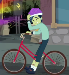 Size: 430x468 | Tagged: safe, screencap, mile hill, equestria girls, equestria girls series, g4, run to break free, spoiler:eqg series (season 2), background human, bicycle, bike helmet, clothes, cropped, eyes closed, helmet, legs, male, pants, shoes, socks, solo