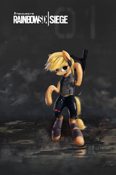 Size: 1326x1996 | Tagged: safe, artist:smg11-on-ddjrb, applejack, earth pony, pony, g4, clothes, female, gun, poster, rainbow six siege, solo, weapon