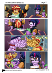 Size: 1697x2367 | Tagged: safe, artist:atariboy2600, artist:bluecarnationstudios, sci-twi, spike, spike the regular dog, sunset shimmer, twilight sparkle, dog, human, comic:the amazonian effect, comic:the amazonian effect iii, equestria girls, g4, abs, angry, ass, bra, bunset shimmer, butt, clothes, comic, growth, muscle expansion, muscle growth, muscles, orange underwear, overdeveloped muscles, panties, purple underwear, red eyes, sunset lifter, sunset's apartment, torn clothes, twilight muscle, underwear, wrestling