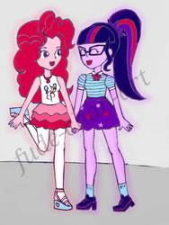 Size: 1500x2000 | Tagged: safe, artist:fude-chan-art, pinkie pie, sci-twi, twilight sparkle, human, equestria girls, g4, my little pony equestria girls: better together, bowtie, clothes, duo, eyes closed, female, geode of sugar bombs, glasses, holding hands, lesbian, magical geodes, open mouth, pantyhose, ponytail, ship:sci-twinkie, ship:twinkie, shipping, shirt, shoes, skirt, socks, tank top