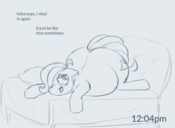 Size: 2057x1506 | Tagged: safe, artist:comfyplum, oc, oc only, oc:sleepy treat, earth pony, pony, bed, chubby, chubby cheeks, dialogue, face down ass up, fat, female, large belly, large butt, looking at you, mare, partial color, prone, sketch, smiling, solo, sploot, the ass was fat, thighs, thunder thighs, wip