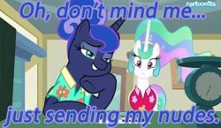 Size: 1051x611 | Tagged: safe, edit, edited screencap, editor:jdmiles, screencap, princess celestia, princess luna, alicorn, pony, between dark and dawn, g4, adorkable, caption, cartoonito logo, cute, dork, faic, female, image macro, lewd, mare, needs more jpeg, post office, scale, send nudes, smiling, text, that pony sure does love the post office, we don't normally wear clothes