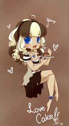 Size: 800x1451 | Tagged: safe, artist:laceymod, oc, oc only, oc:lovelace, human, ask lovelace, cake, chibi, clothes, food, humanized, solo