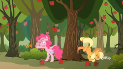 Size: 1811x1019 | Tagged: safe, screencap, applejack, pinkie pie, earth pony, pony, between dark and dawn, g4, season 9, apple, apple tree, discovery family logo, duo, female, food, great moments in animation, mare, motion blur, outdoors, smear frame, throwing, tree