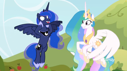 Size: 1811x1019 | Tagged: safe, screencap, princess celestia, princess luna, alicorn, pony, between dark and dawn, g4, apple, apple tree, crown, discovery family logo, ethereal mane, female, flying, food, hoof shoes, jewelry, mare, outdoors, peytral, regalia, royal sisters, siblings, sisters, so awesome, spread wings, starry mane, tree, wings
