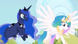 Size: 1811x1019 | Tagged: safe, screencap, princess celestia, princess luna, alicorn, pony, between dark and dawn, g4, cloud, crown, cute, cutelestia, discovery family logo, duo, ethereal mane, female, hoof shoes, jewelry, lunabetes, mare, outdoors, peytral, regalia, royal sisters, siblings, sisters, sky, spread wings, starry mane, wings