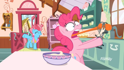 Size: 1811x1019 | Tagged: safe, screencap, cup cake, pinkie pie, earth pony, pony, between dark and dawn, g4, baking, cup, cupboard, discovery family logo, door, egg beater, faic, kitchen, pinkie being pinkie, plate, ponyville, sink, stuck, sugarcube corner, table, tongue out, window