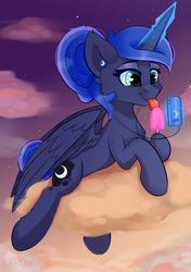 Size: 1200x1700 | Tagged: safe, artist:php97, princess luna, alicorn, pony, g4, alternate hairstyle, cloud, cute, earbuds, female, food, glowing horn, horn, licking, lunabetes, magic, mare, mp3 player, on a cloud, popsicle, sitting on a cloud, sky, solo, telekinesis, tongue out