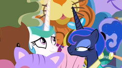 Size: 1811x1019 | Tagged: safe, screencap, princess celestia, princess luna, alicorn, pony, between dark and dawn, g4, clothes, cute, cutelestia, discovery family logo, happy, hawaiian shirt, ponytail, shirt, smiling